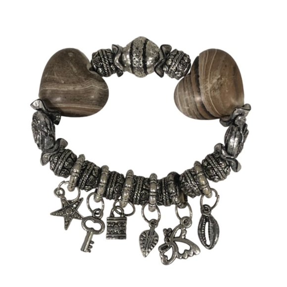 Vintage Silver Stretchable Bracelet with Charms - Fits Most Wrist Sizes - Picture 2 of 6